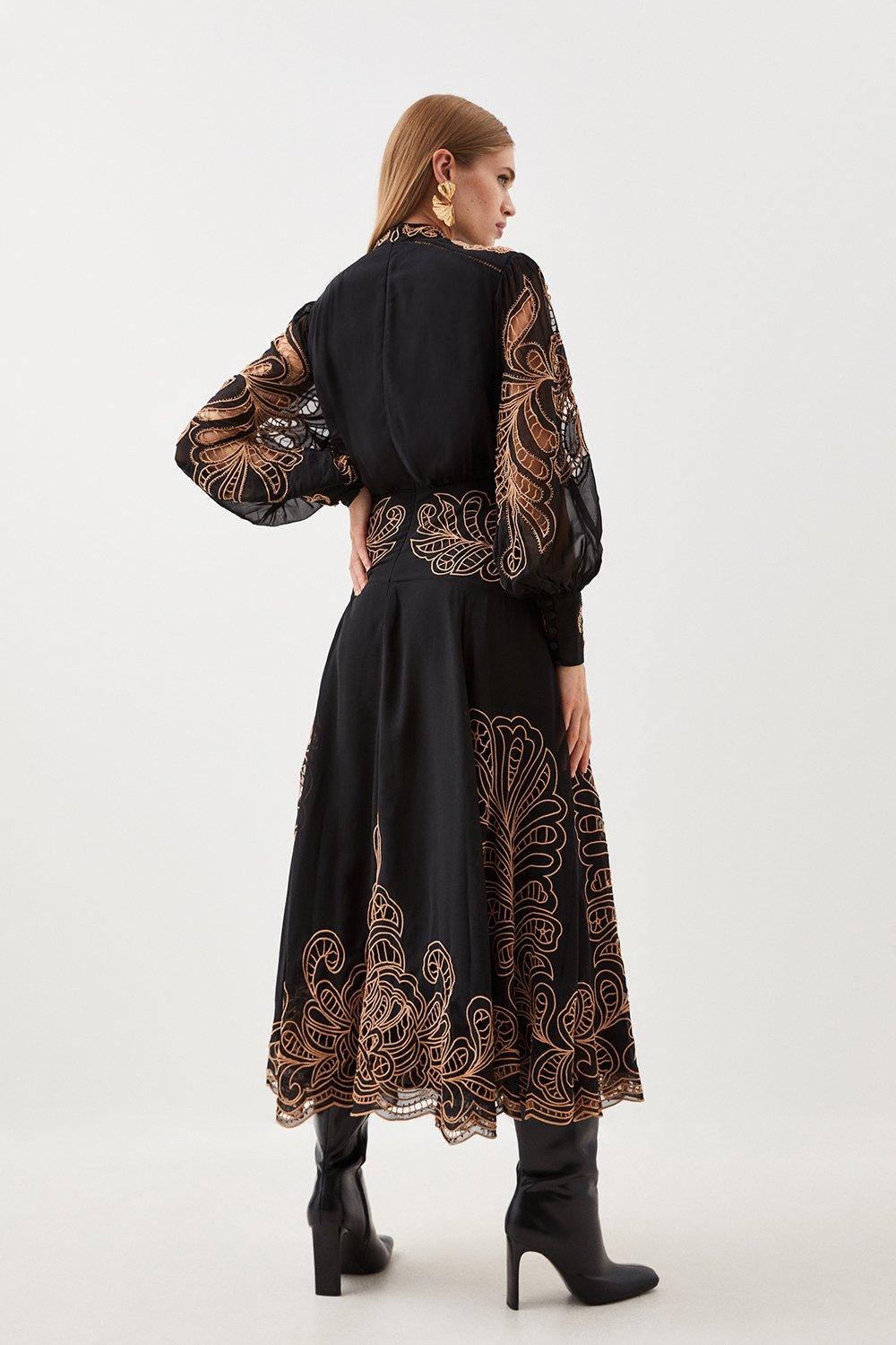 KAREN MILLEN Petite Cotton Cutwork Beaded Embroidered Woven Maxi Dress |  endource