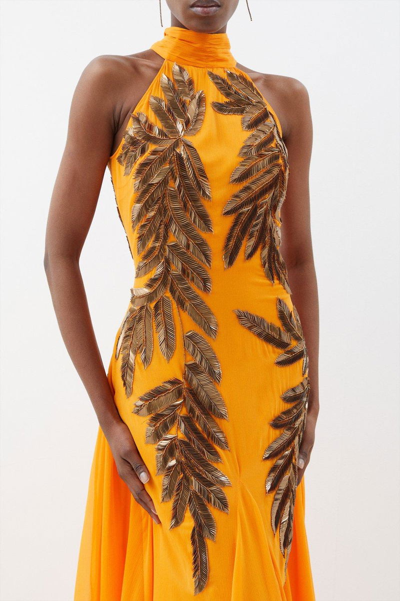 KAREN MILLEN Halter Neck Feather Sequin Detail Woven Maxi Dress | endource
