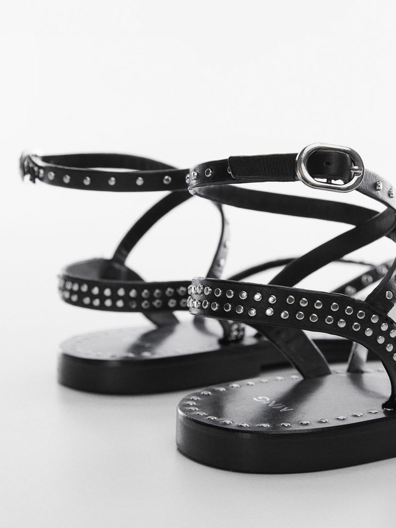 MANGO Leather Stud Detail Sandals in Black | Endource
