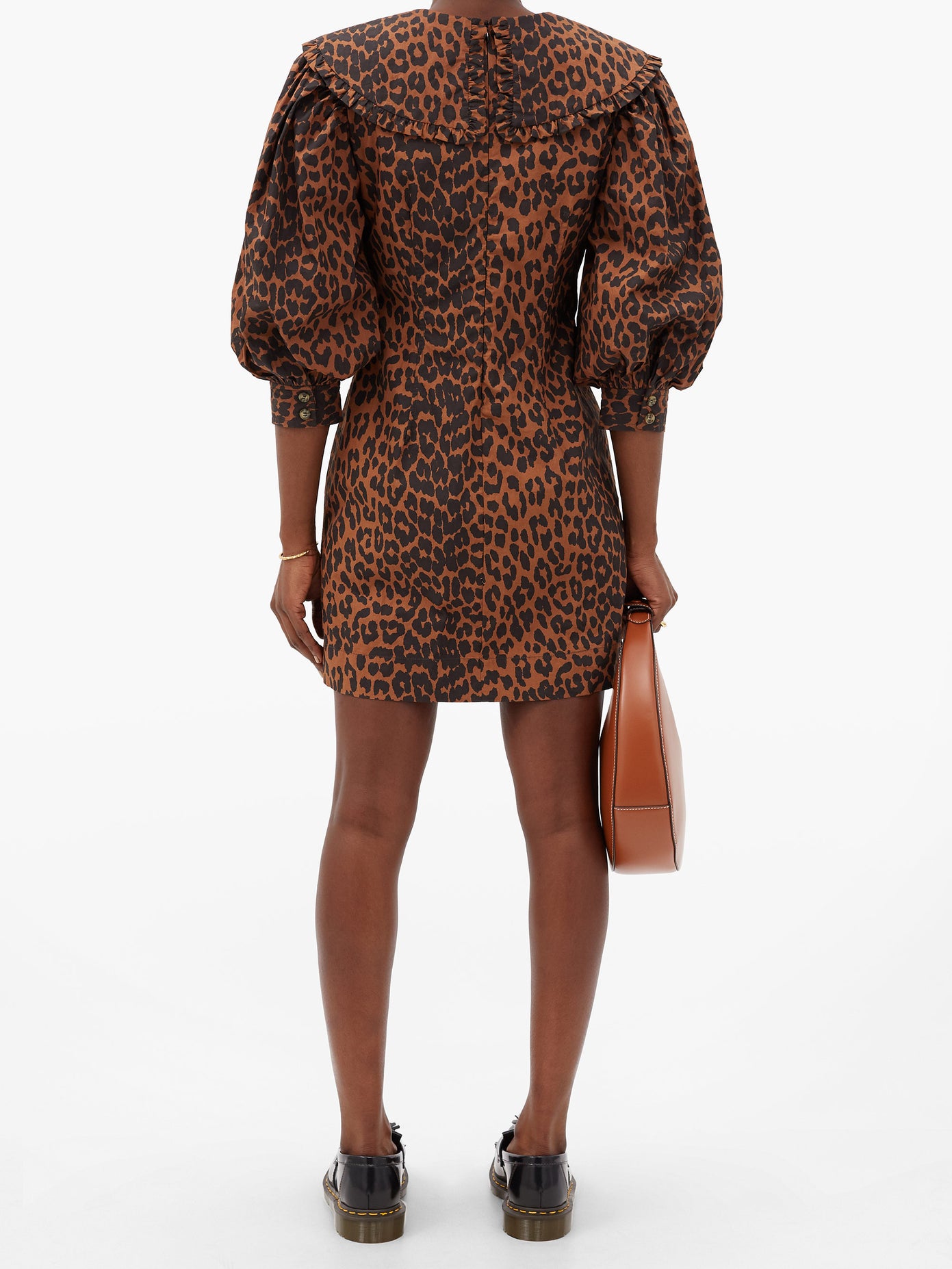 GANNI Ruffled-Collar Leopard-Print Poplin Mini Dress | endource