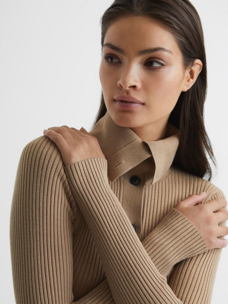 REISS Maia Button Collar Jumper Top in Camel Endource