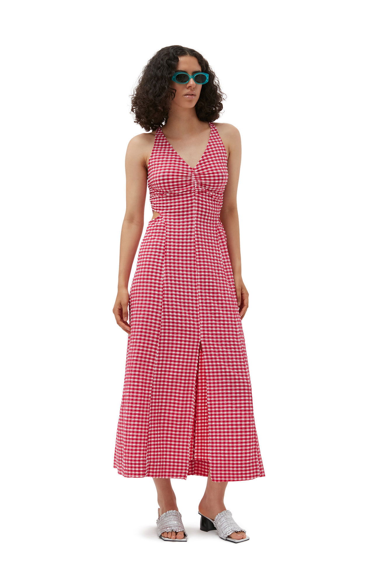 chinese dress ladies Seersucker Check Gathered U-Neck Midi Dress in Lagoon