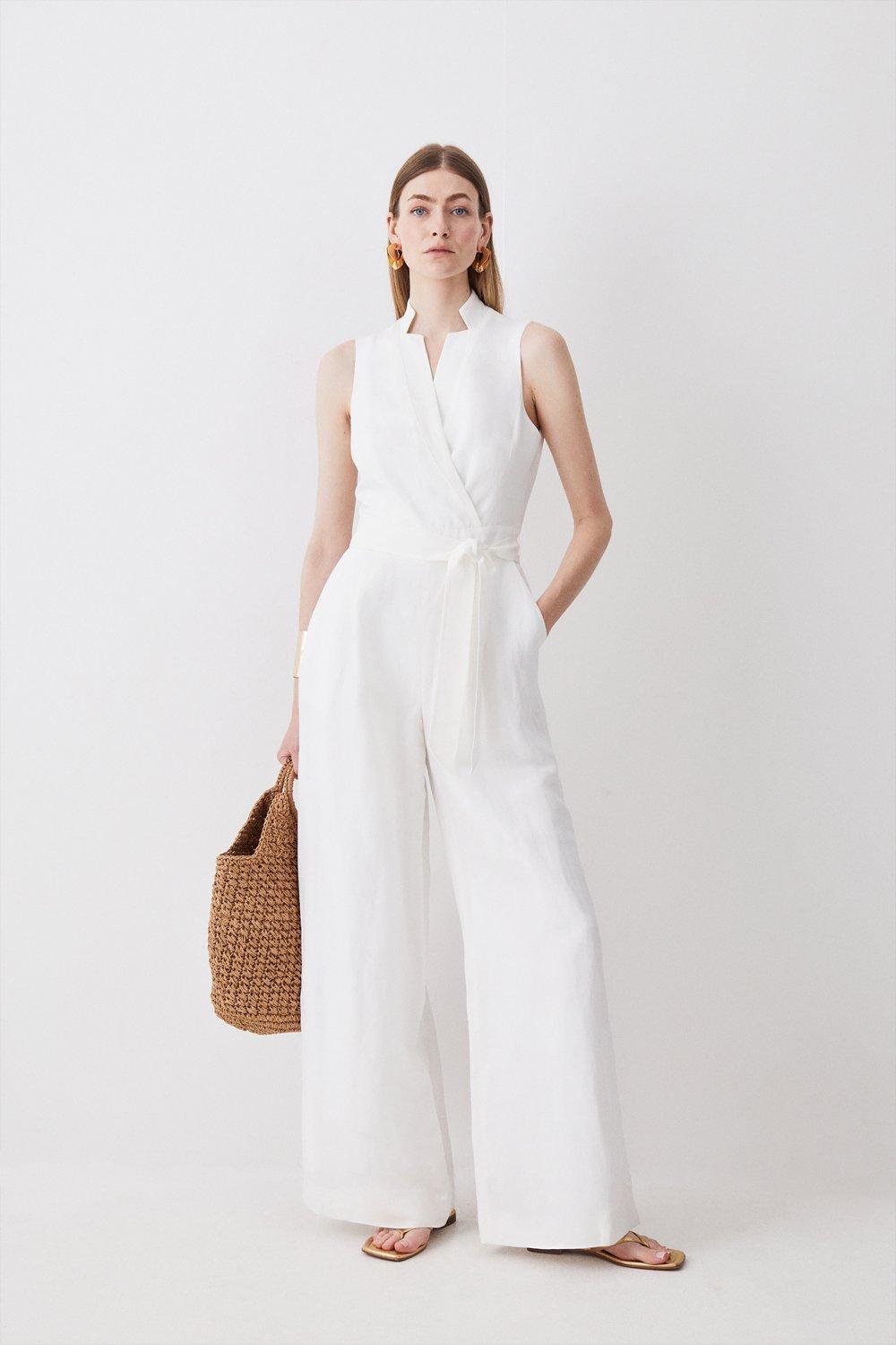Linen-Blend Notched Jumpsuit