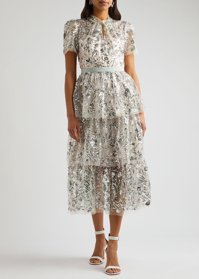 self-portrait ruffled sequined stretch-tulle midi dress SELF-PORTRAIT Ruffled Sequined Stretch-Tulle Midi Dress