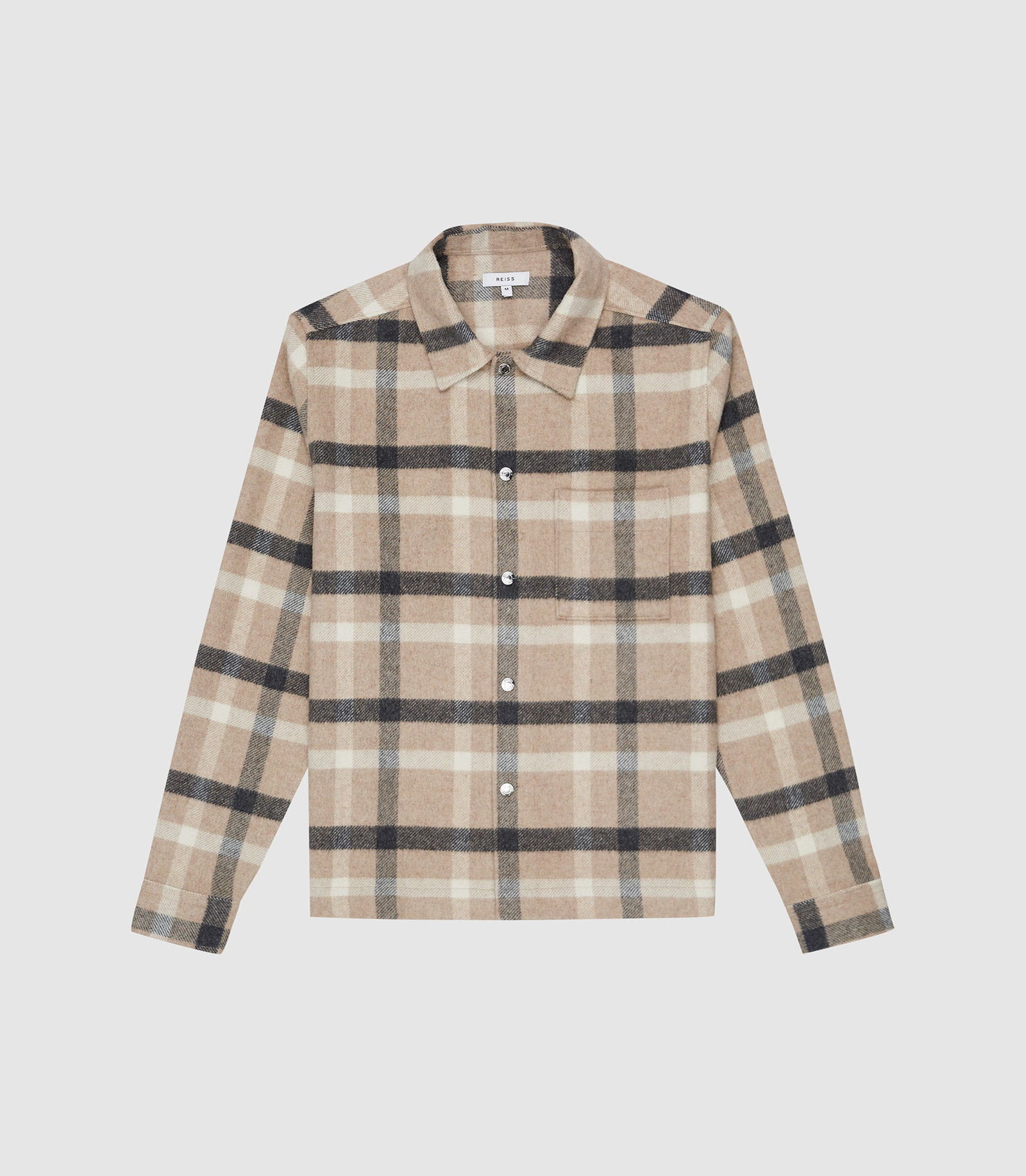 REISS Marjon Checked Press Stud Overshirt in Oatmeal | Endource