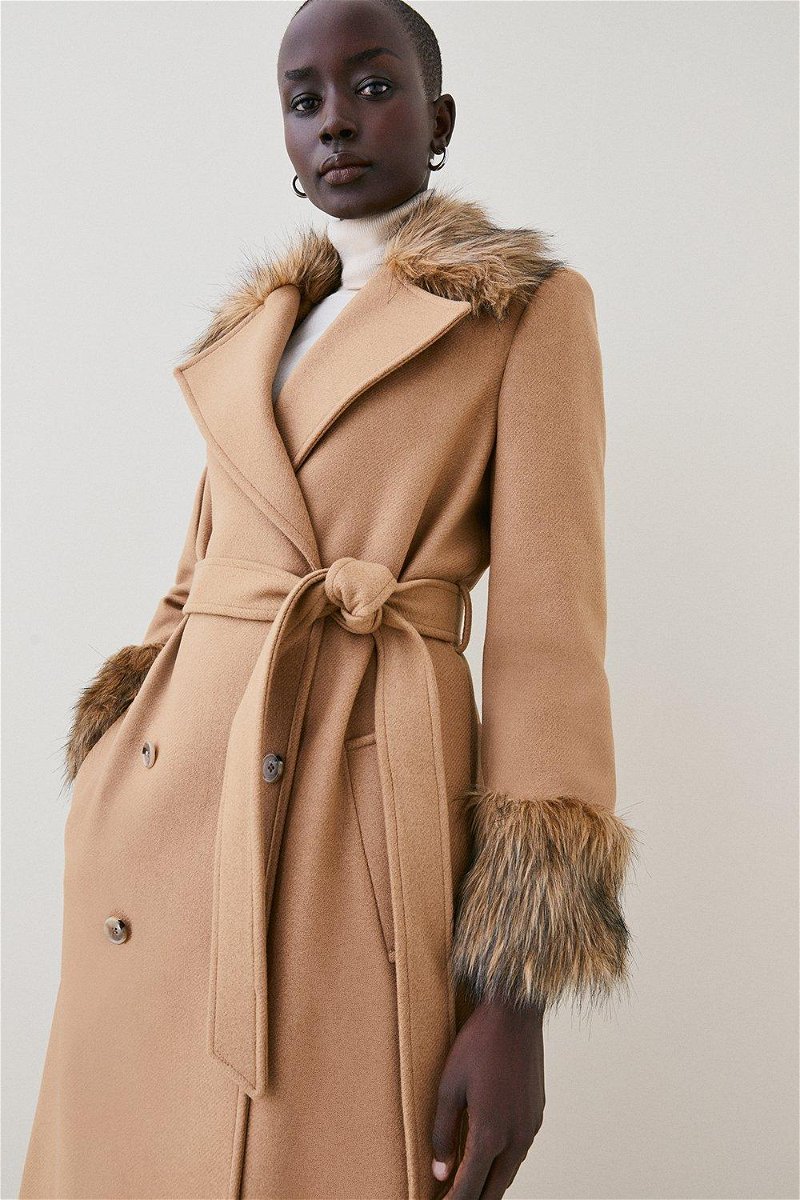 Olsen Wool Wrap Coat in with Faux Fur Collar in Cream