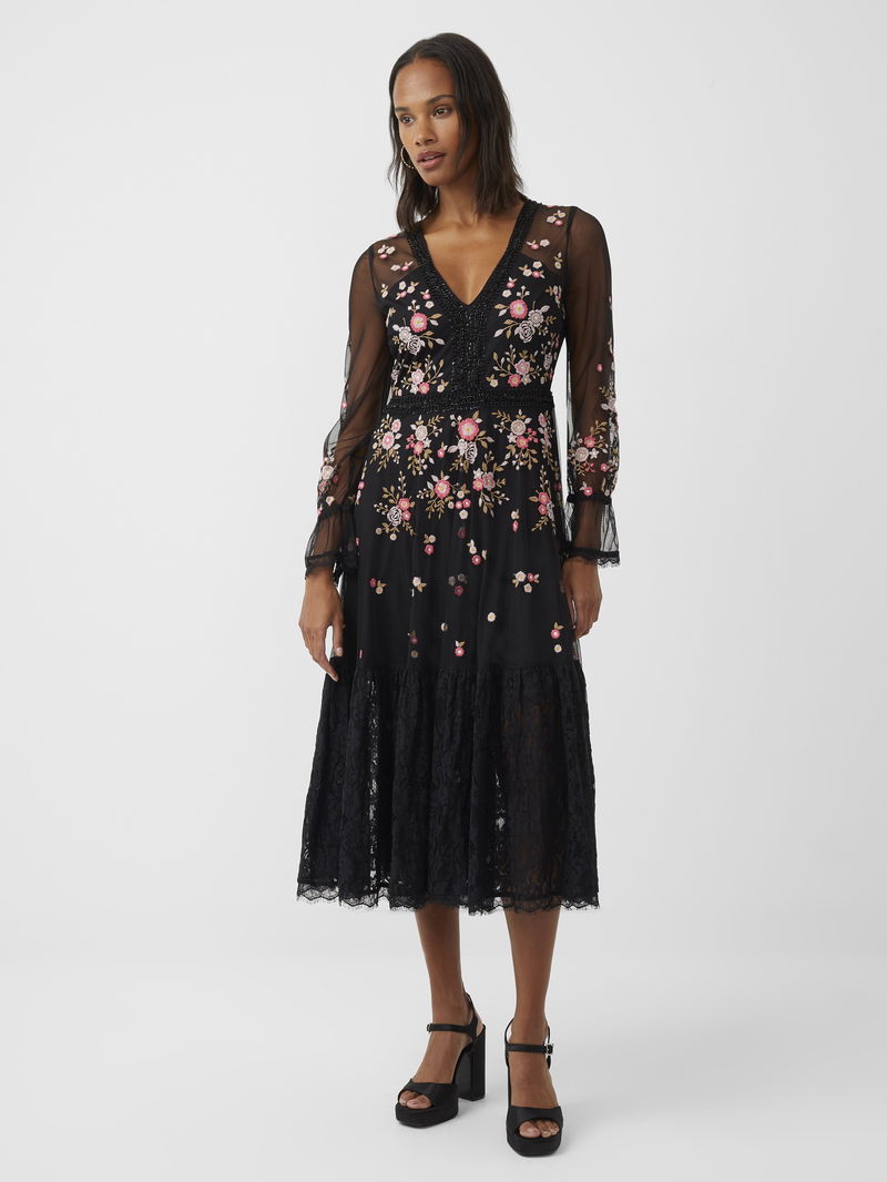 Fenn Embroidered Midi Dress in Recycled Polyester Black, Party Dresses