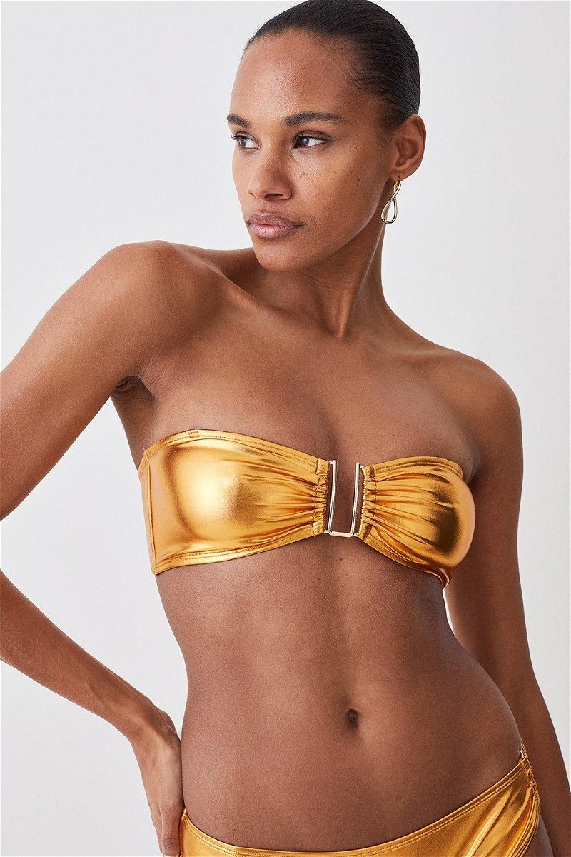 KAREN MILLEN Metallic Gold Detachable Strap Trim Bikini Top in Gold