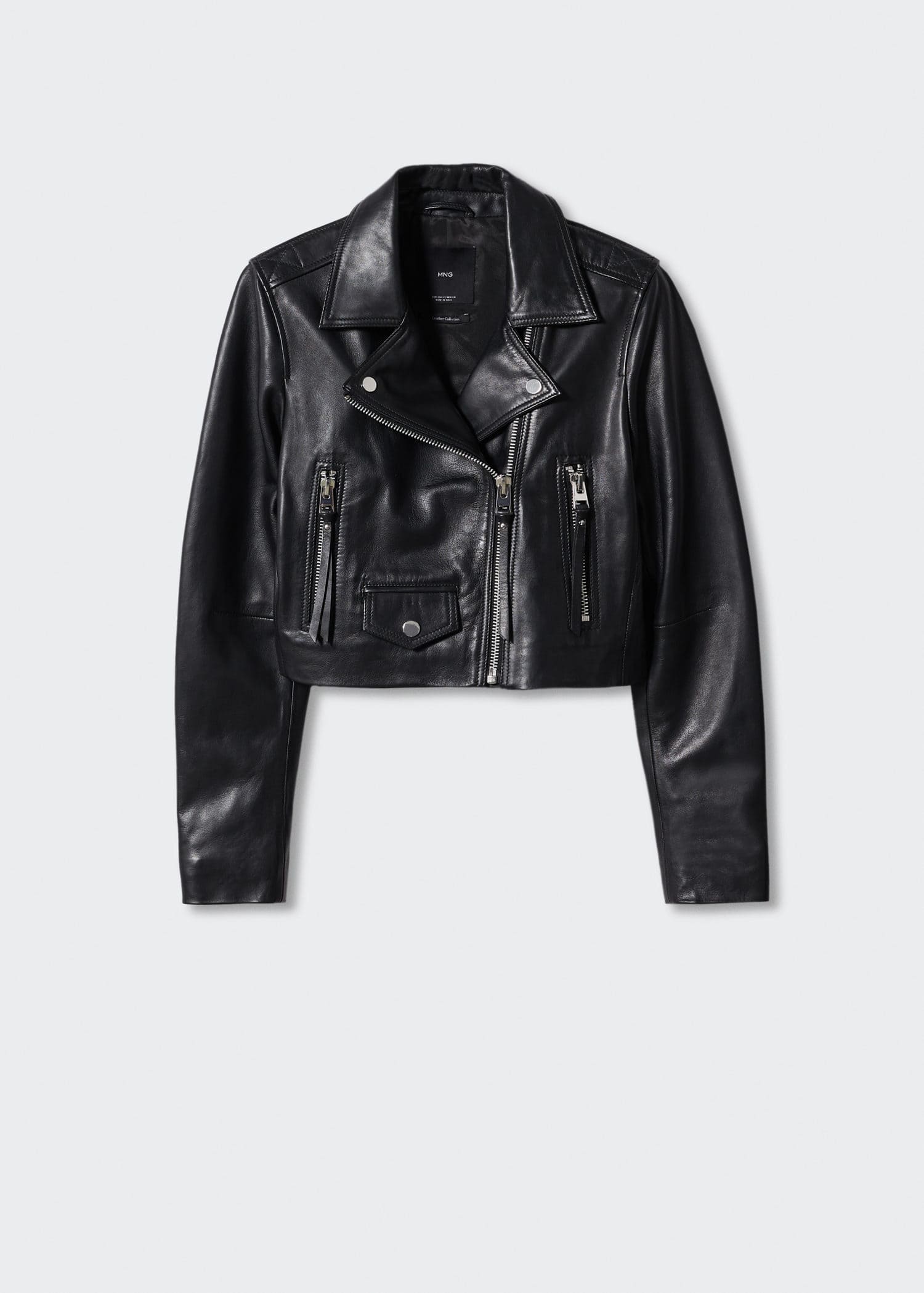 MANGO Cropped Leather Biker Jacket in Black | Endource