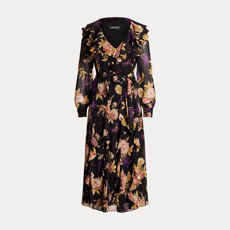 LAUREN RALPH LAUREN Floral Ruffle-Trim Georgette Dress | endource