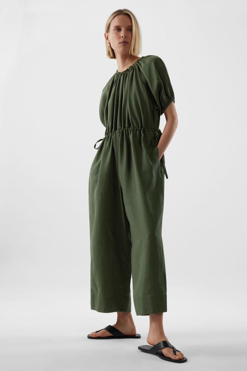 COS Puff-Sleeve Jumpsuit in DARK GREEN | Endource