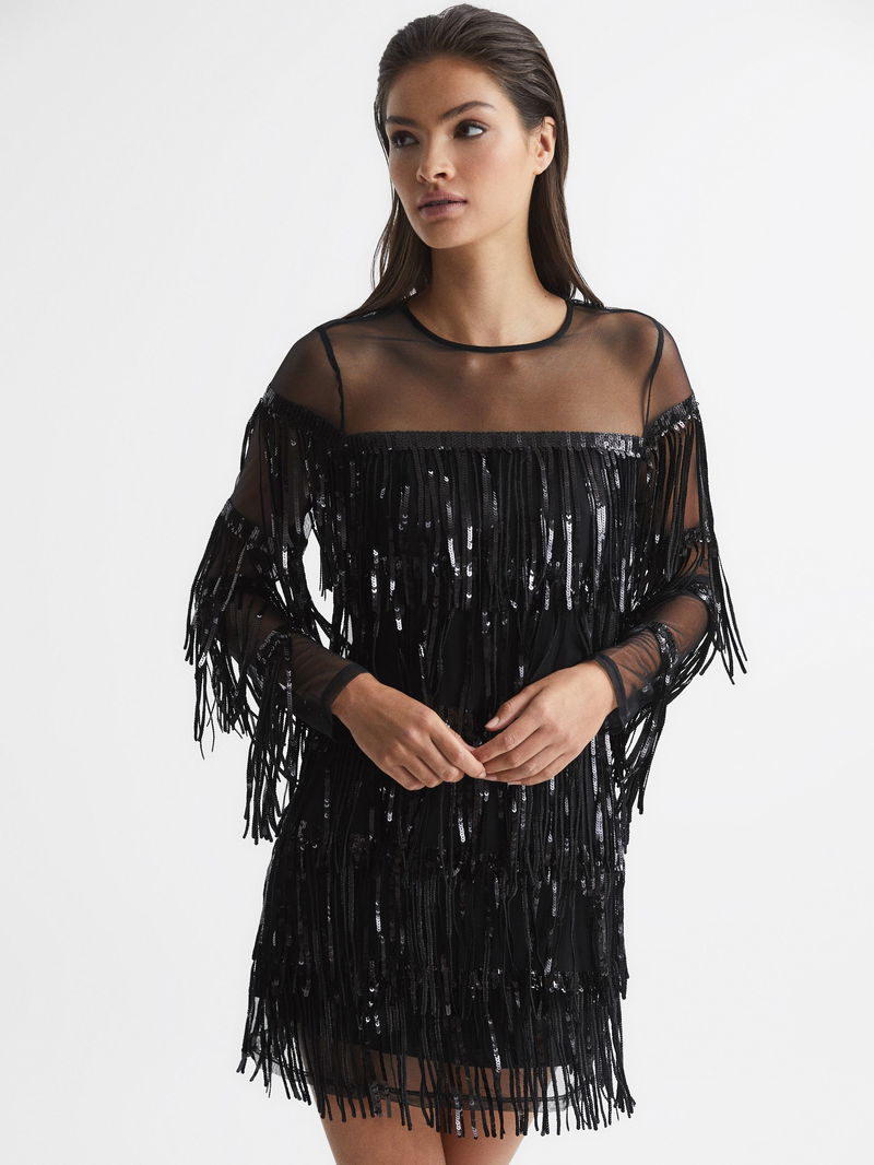 reiss black sequin dress REISS Josephine Fringe Sequin Sheer Mini Dress