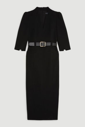 Tailored Structured Crepe Turtleneck Belted Midi Dress