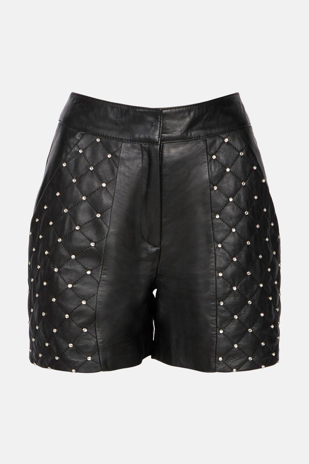 KAREN MILLEN Leather Crystal Stud Quilted Shorts endource