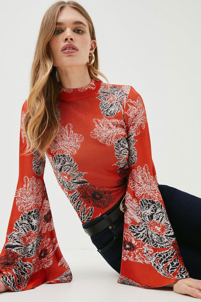 KAREN MILLEN Mirrored Floral Slinky Jacquard Knit Top | Endource