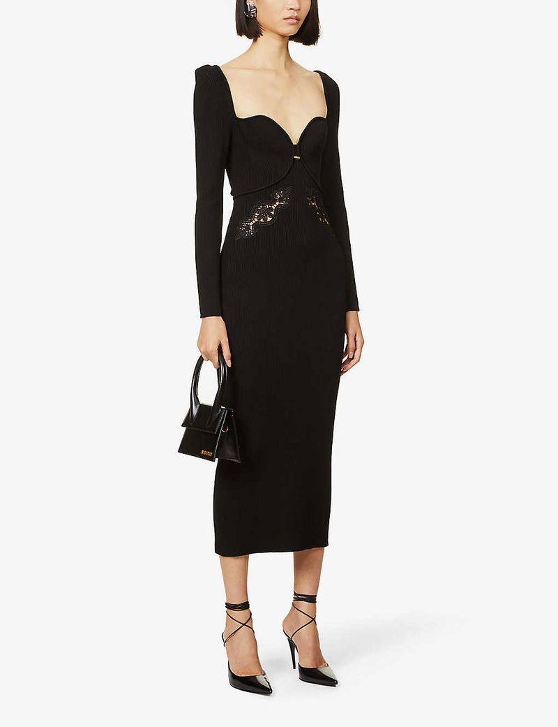 SELF-PORTRAIT Slim-Fit Lace-Embellished Stretch-Knit Midi Dress | endource SELF-PORTRAIT Slim-Fit Lace-Embellished Stretch-Knit Midi Dress | endource