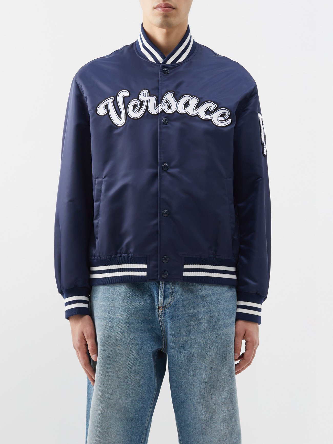 Versace Logo-Appliquéd Varsity Bomber Jacket in Navy | Endource