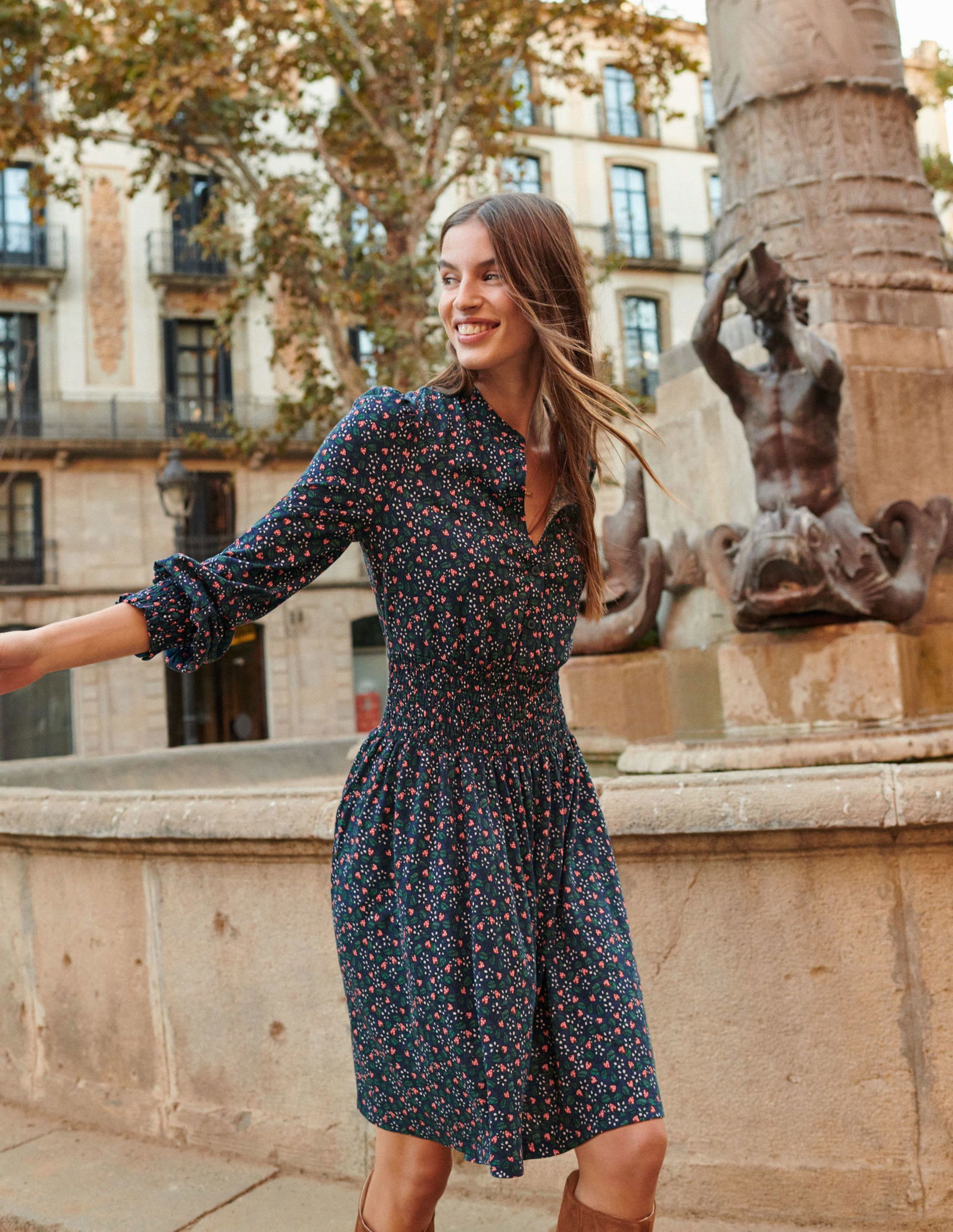 boden smocked jersey dress Smocked Jersey Midi Dress-Multi, Flourishing Meadow