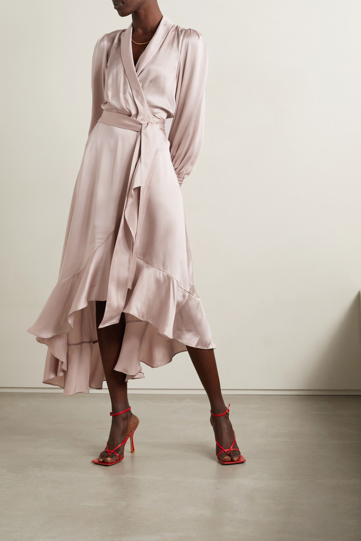 zimmermann asymmetric ruffled silk-satin midi wrap dress ZIMMERMANN Asymmetric Silk-Satin Midi Wrap Dress
