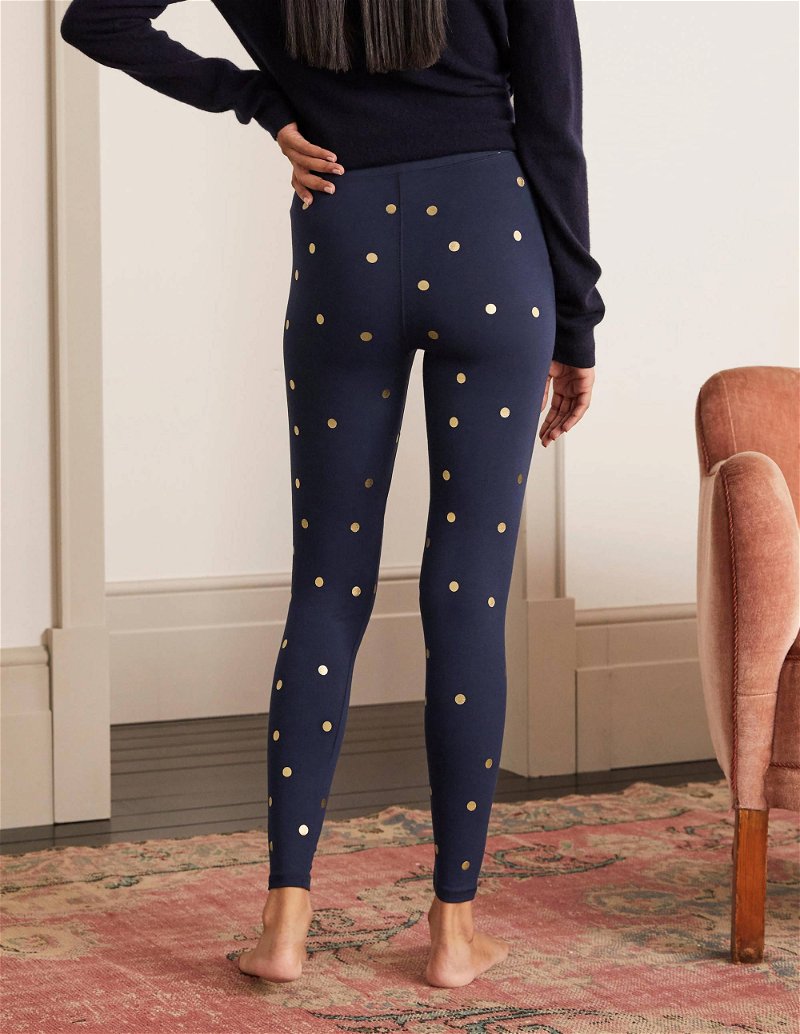 BODEN High Rise Polka Dot Jersey Leggings in Navy and Gold, Polka