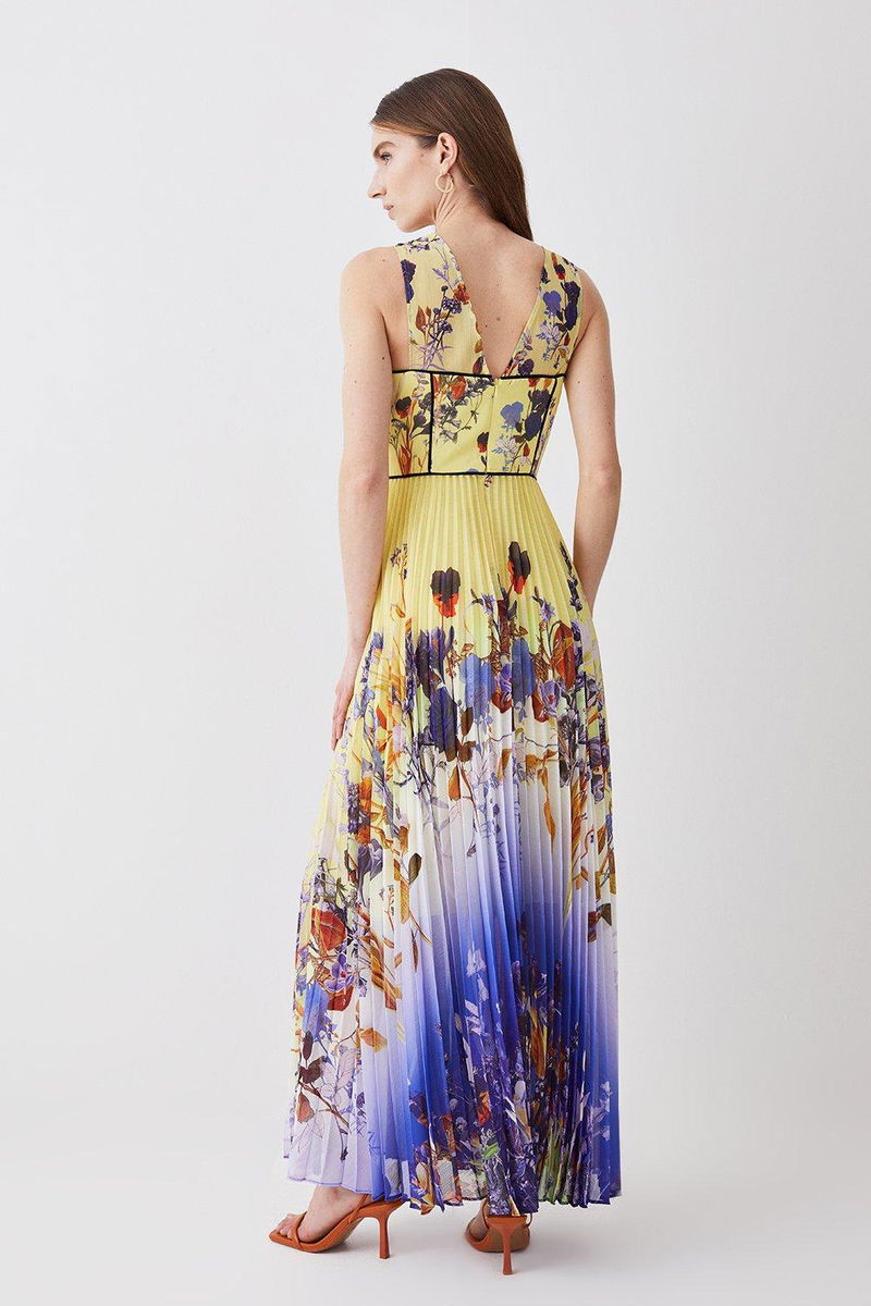 KAREN MILLEN Spring Floral Pleat Corset Cape Woven Maxi Dress | endource