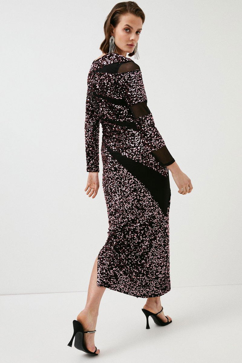 KAREN MILLEN V Neck Velvet With Mesh Detail Jersey Dress | endource