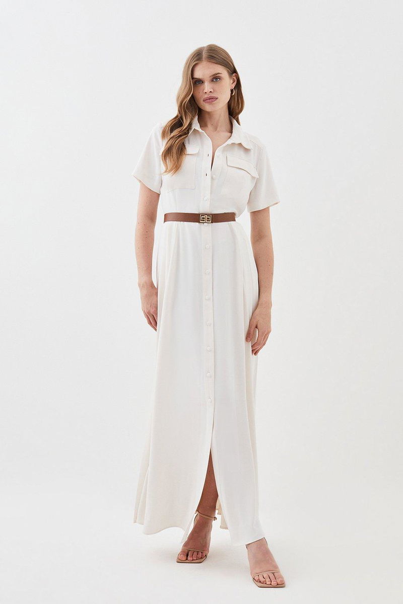 karen millen pleated shirt dress white Ivory Structured Crepe Pleated Sleeveless Shirt Tailored Midi Dress