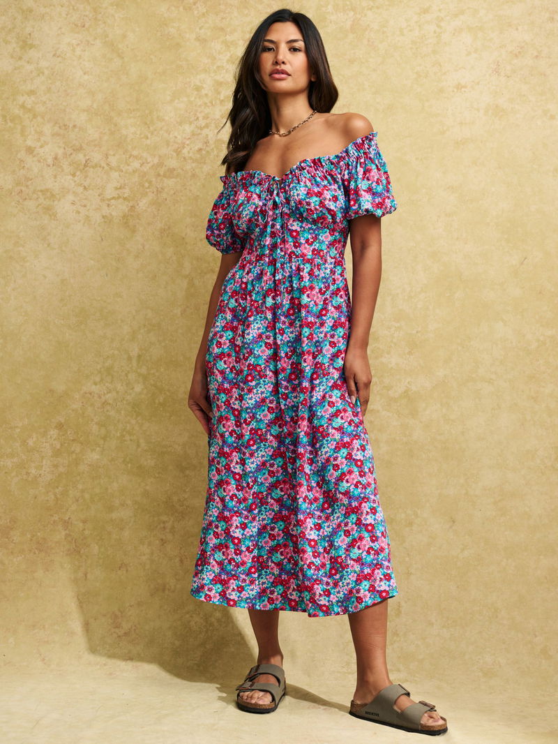 Floral Midi Dresses Navy Floral Bardot Dress NOBODY'S CHILD