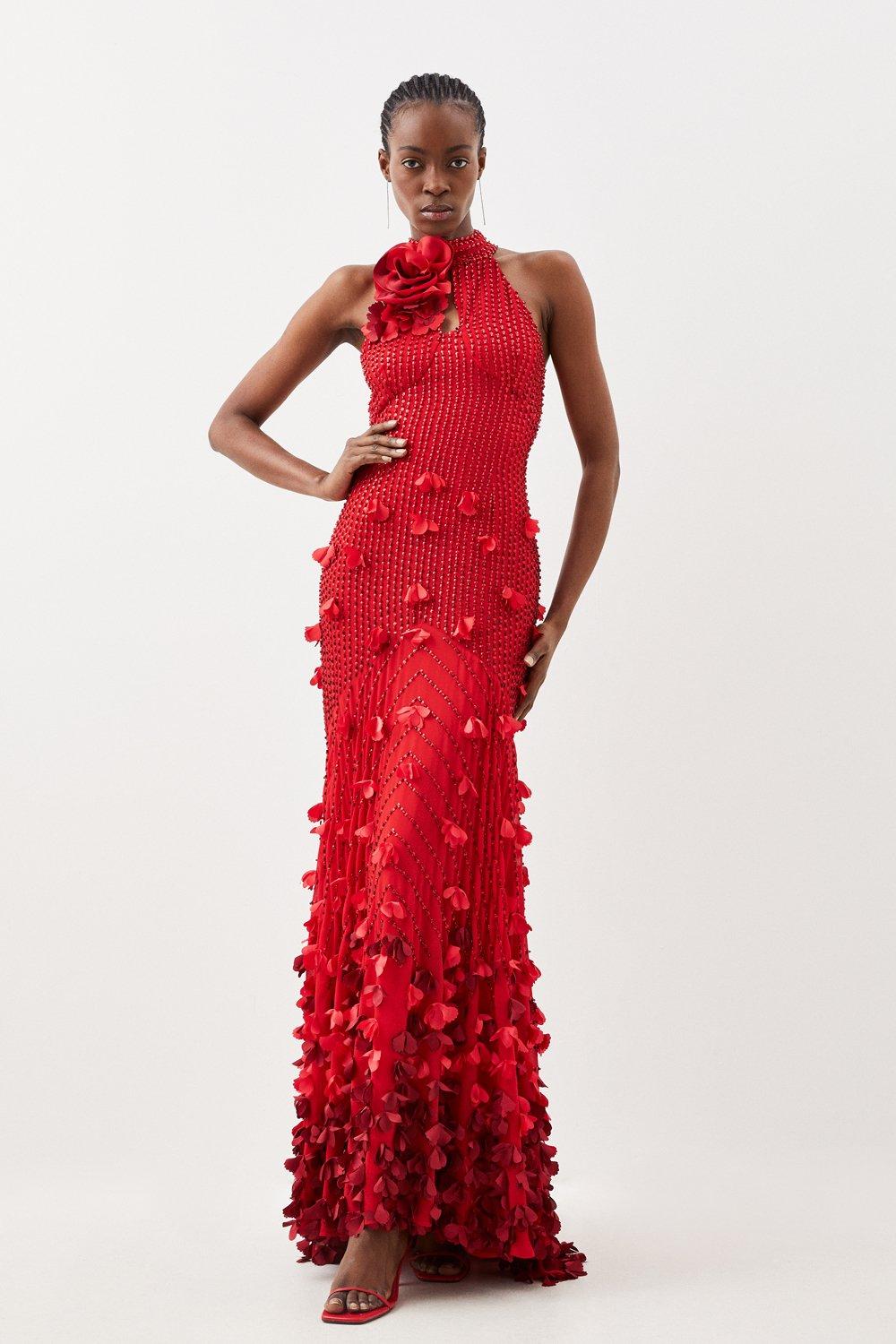 crystal applique woven maxi rosette maxi dress Crystal Applique Strappy Rosette Woven Maxi Dress Karen Millen : Premium  Dresses : VogaCloset Oman