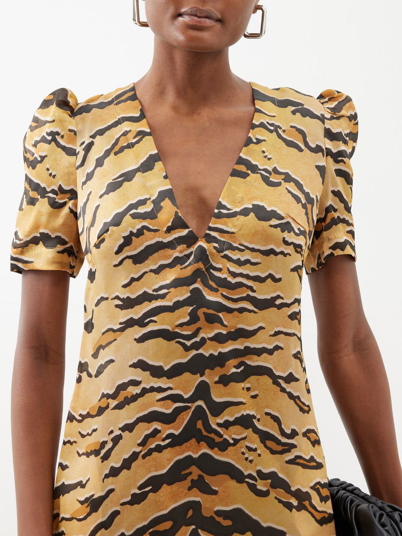 Now Trending Tiger Print Satin Shirt Maxi Dress