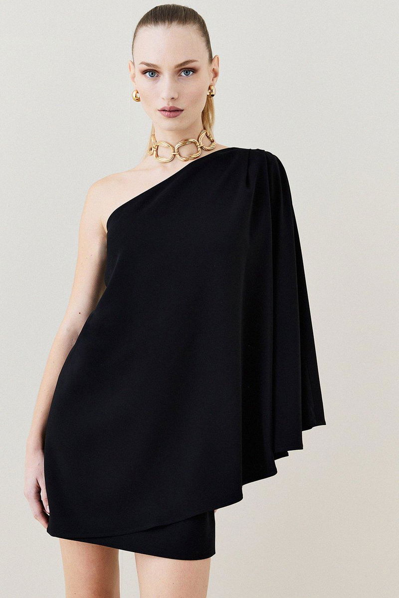knee length dresses for ladies Lavish Alice Yellow Palm One Shoulder Cape Mini Dress