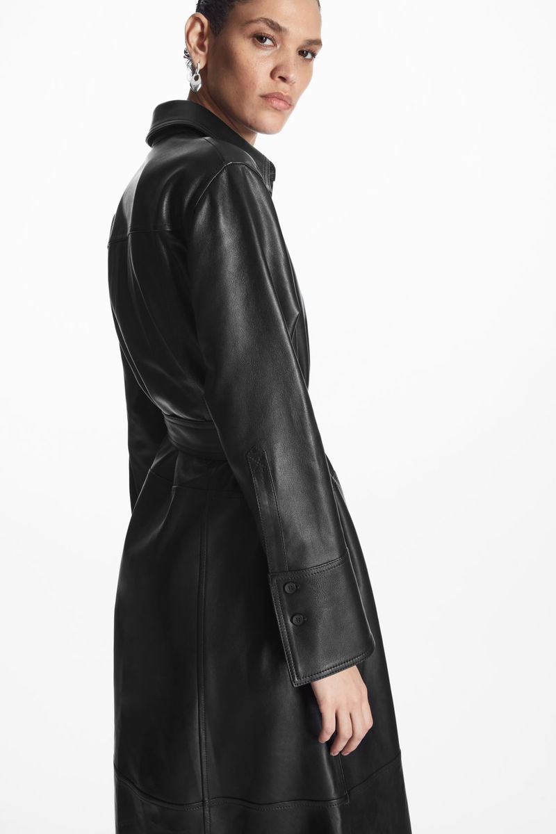 knee length dresses for ladies Women's Something to Behold Black Faux Leather Short Sleeve Belted Midi Dress | Size: S