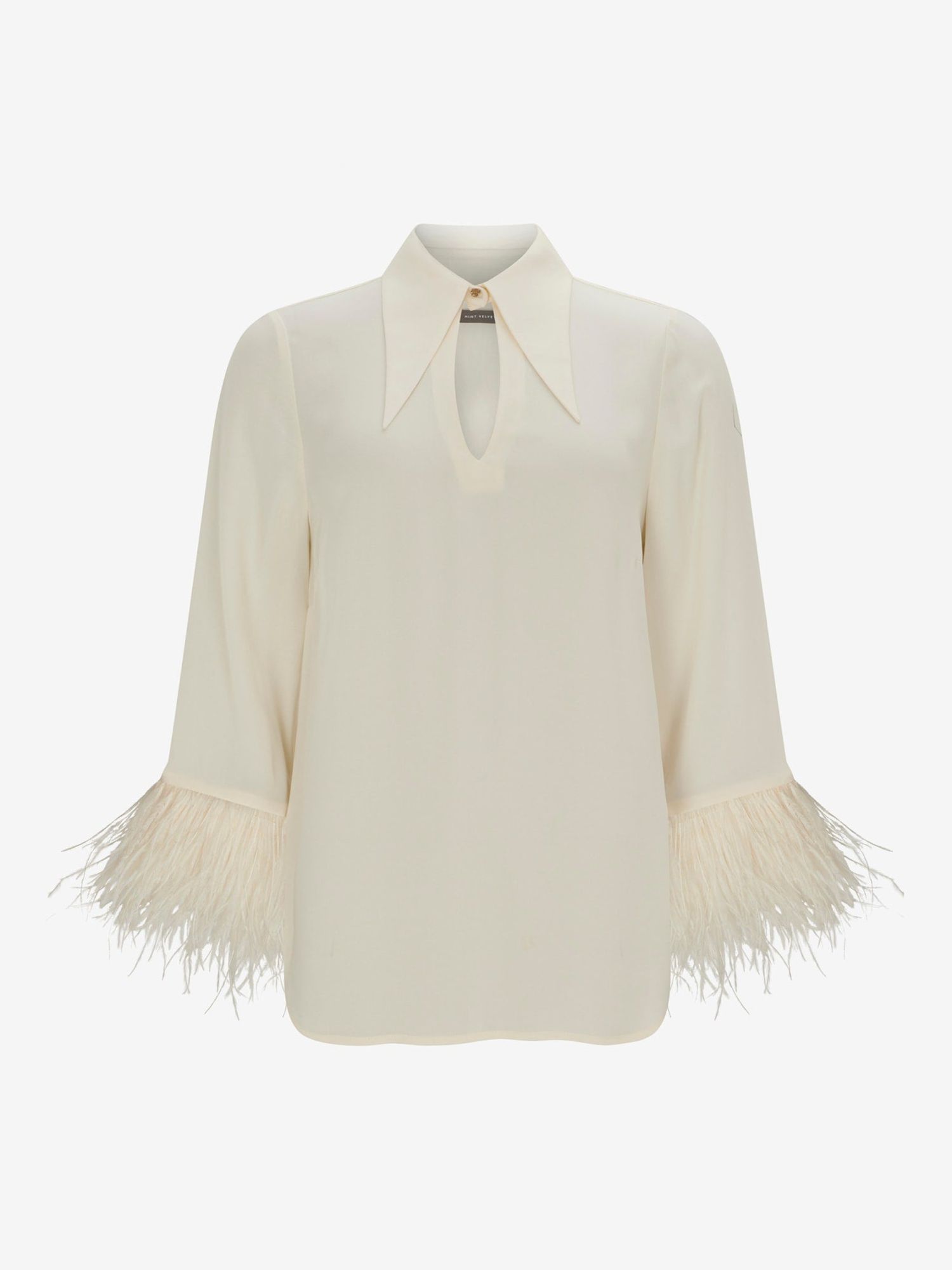 Cream Rhinestone Mesh Feather Trimmed Shirt main image 1