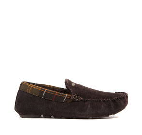 Dark brown suede slipper with tartan lining.