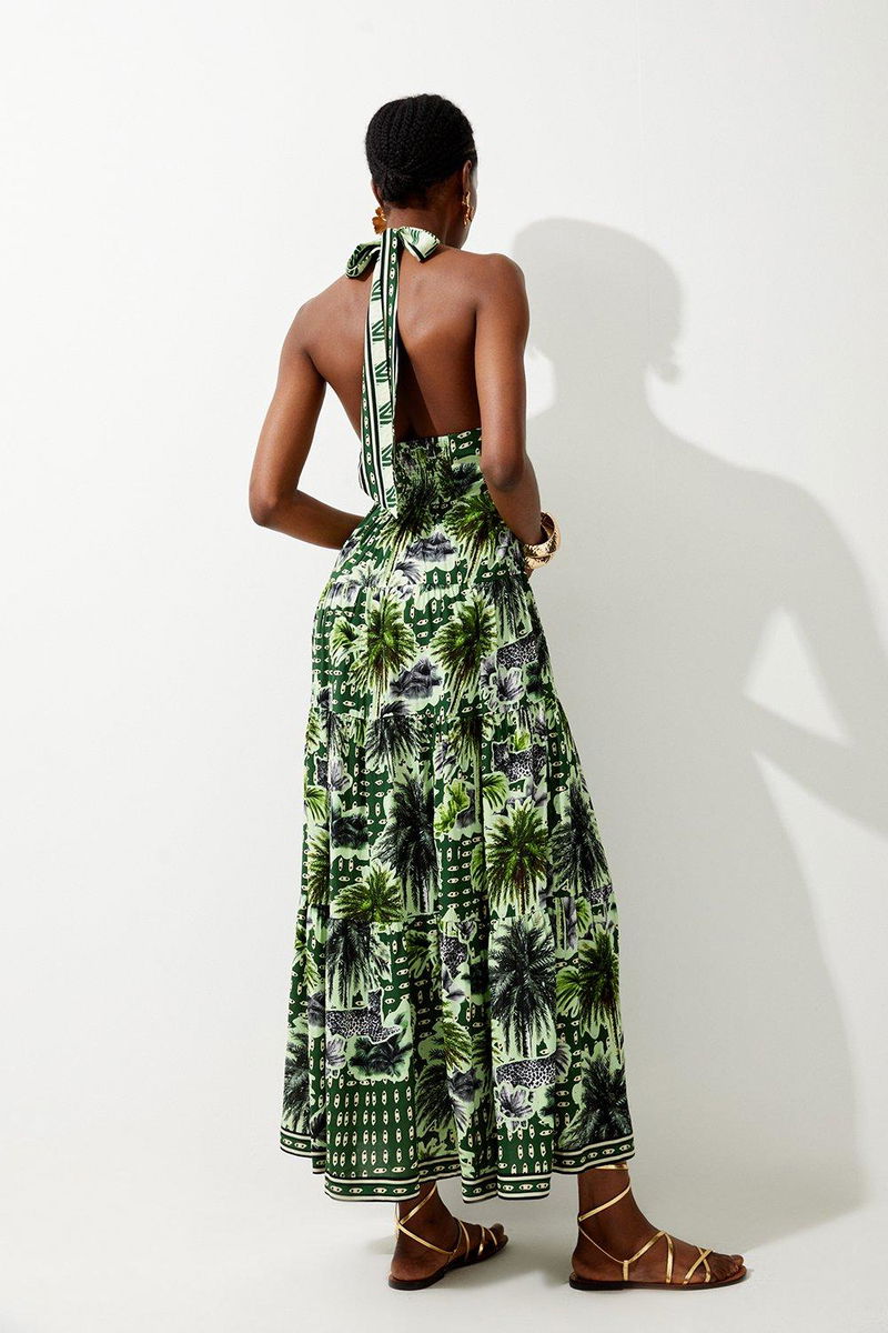 KAREN MILLEN Petite Summer Palm Tiered Maxi Dress in Green | endource