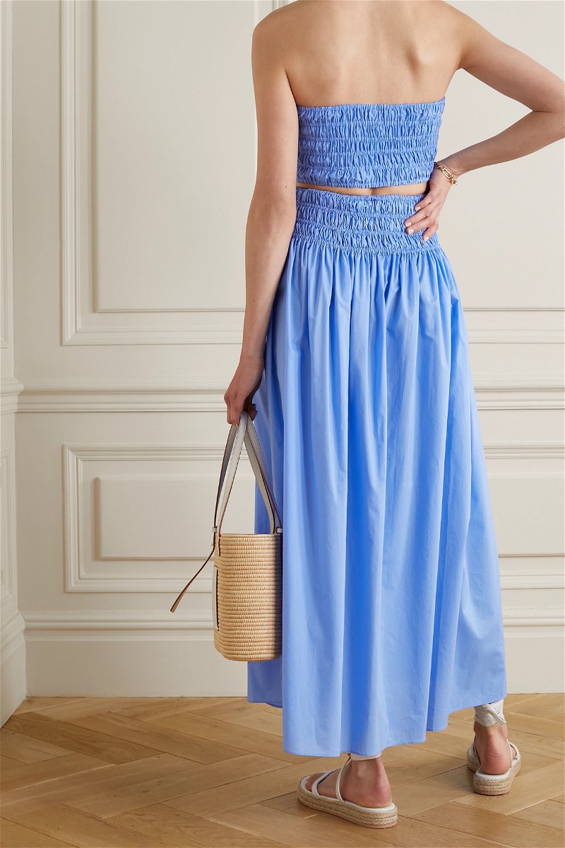 MATTEAU Shirred Organic Cotton-Poplin Maxi Skirt in Blue