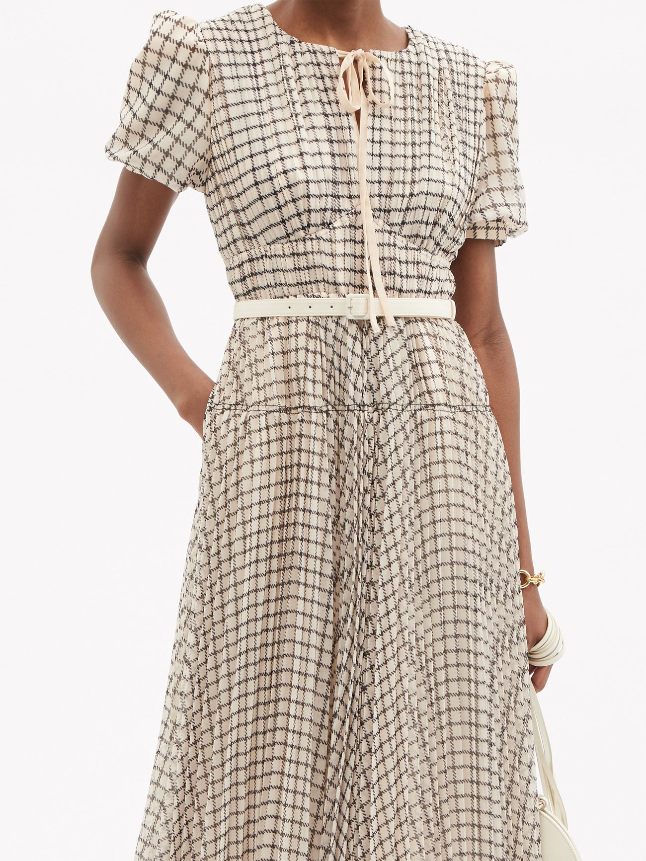 SELF-PORTRAIT Belted Checked Chiffon Midi Dress | endource