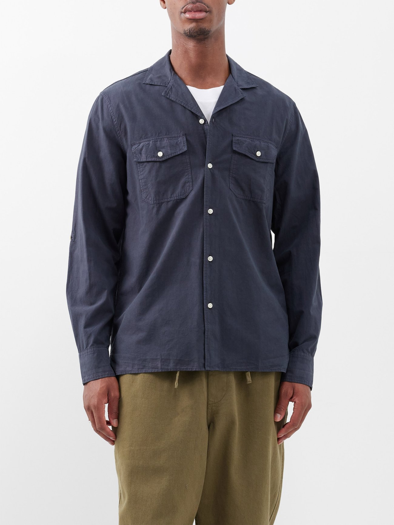 OFFICINE GÉNÉRALE Eric Cuban-Collar Poplin Shirt in Navy | Endource