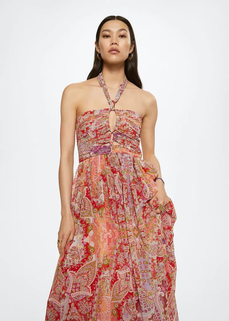 mango paisley chiffon dress Paisley-print dress with lace trim - Women