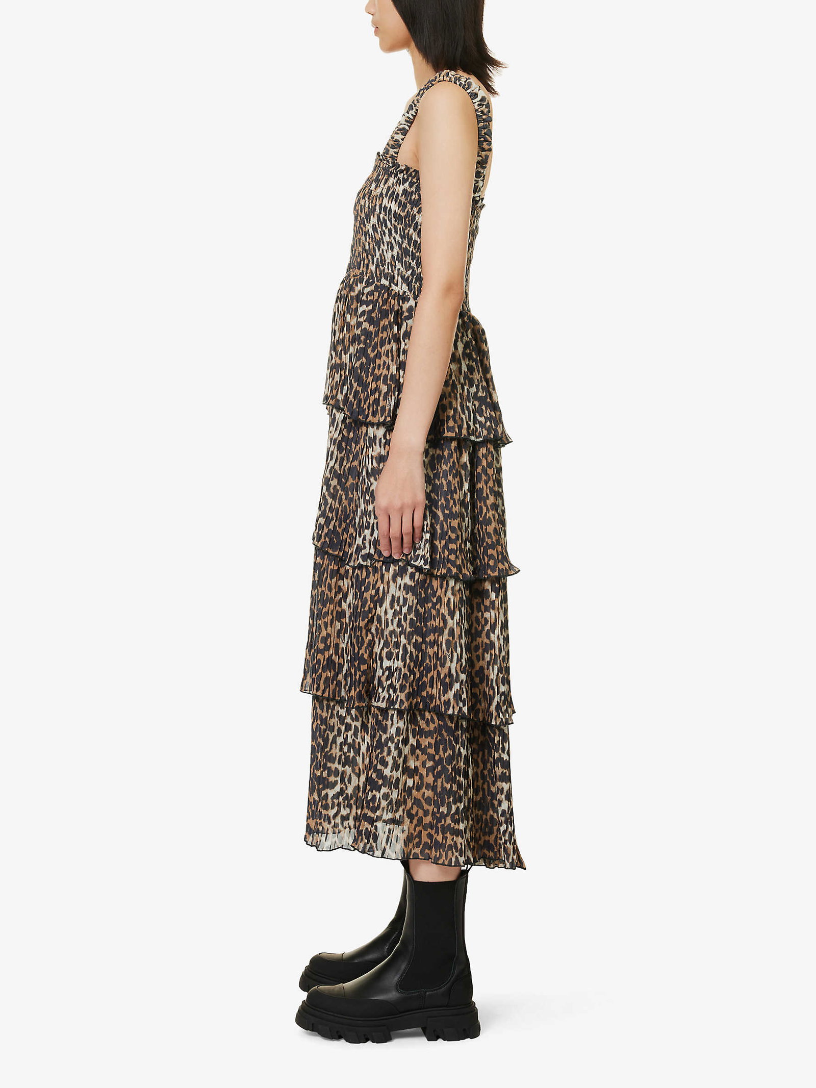 GANNI Leopard-Print Tiered-Hem Midi Dress | endource