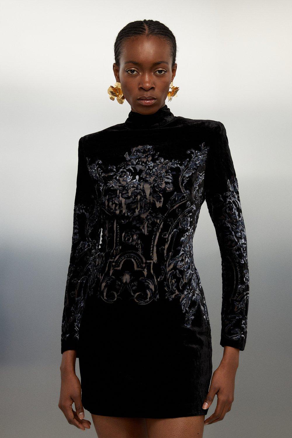 KAREN MILLEN Placed Velvet Devore Long Sleeve Mini Dress in Black