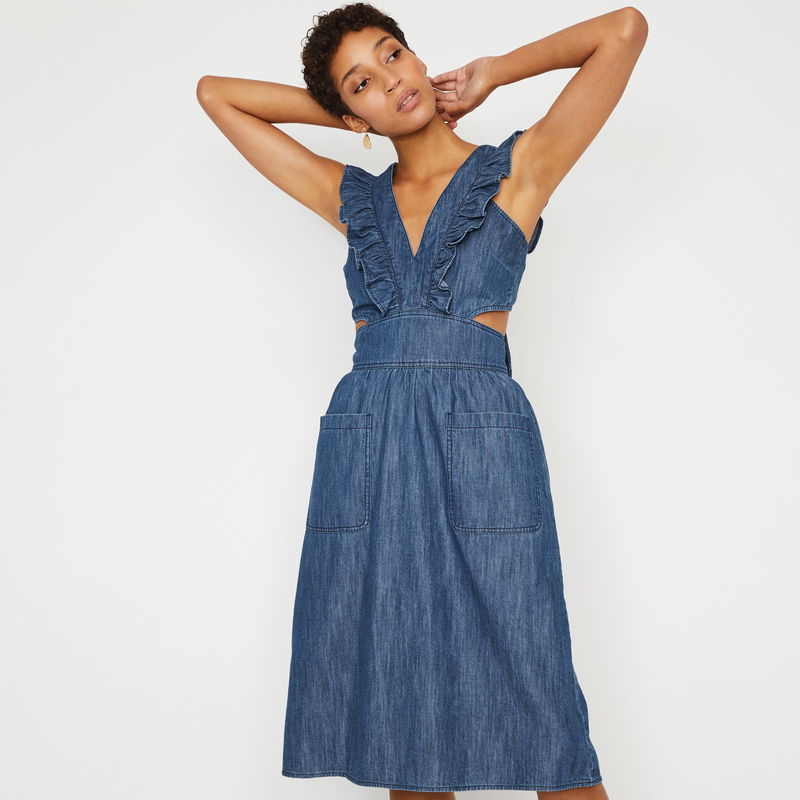 WAREHOUSE Ruffle Pinafore Denim Dress in Mid Wash Denim