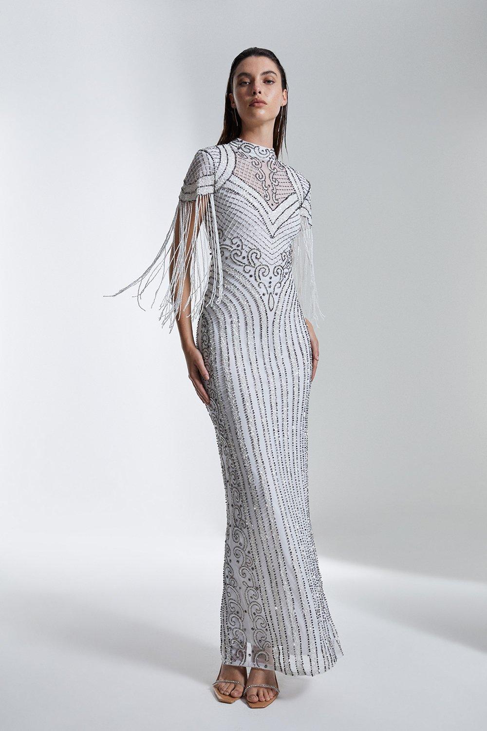 KAREN MILLEN Fringe And Beaded Cap Sleeve Maxi Dress | endource KAREN MILLEN Fringe And Beaded Cap Sleeve Maxi Dress | endource