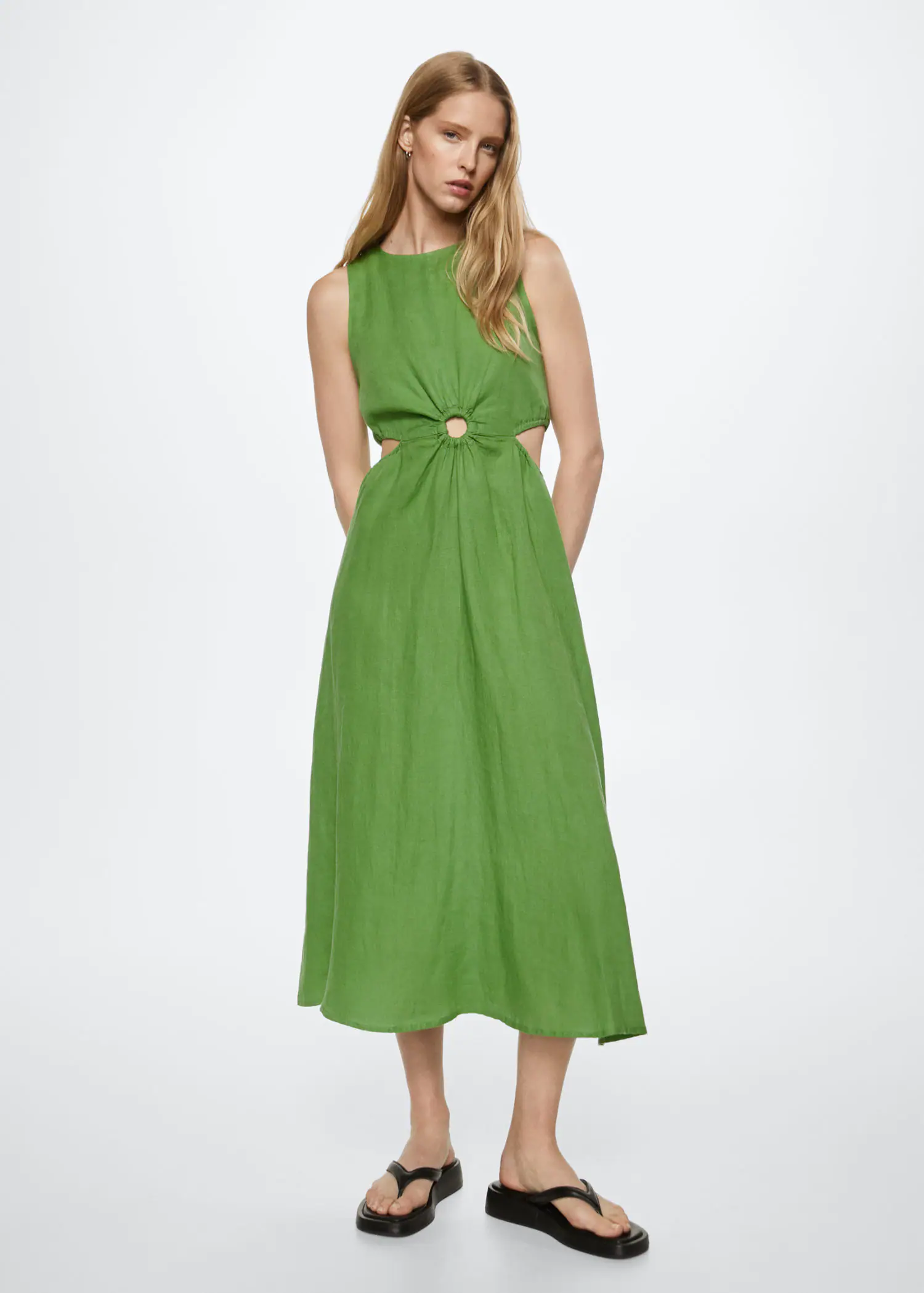 chinese dress ladies Solid Linen Cut-Out Midi Dress – The Boho Depot main image 0