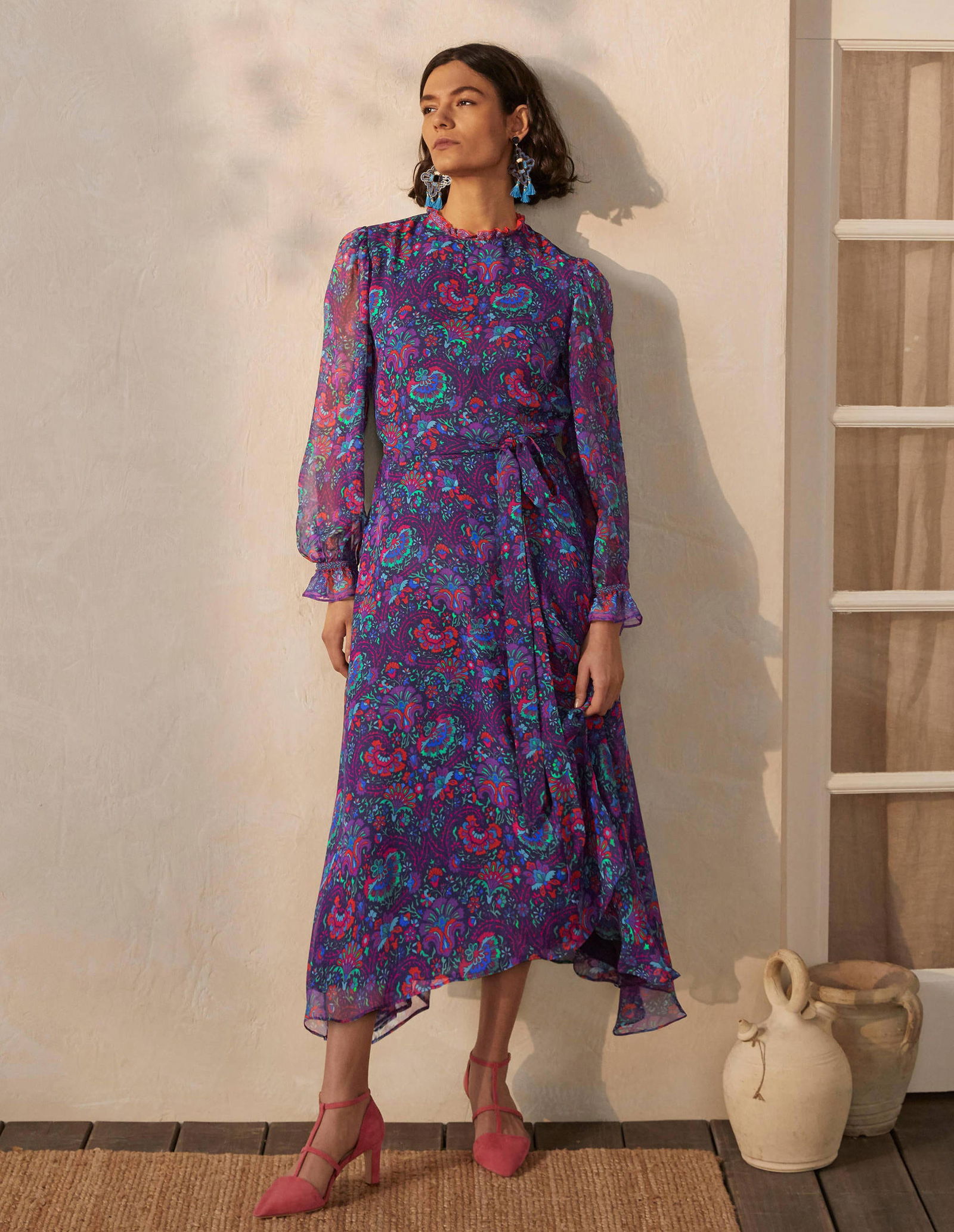 boden silk dress Pleat Ruffle Maxi Dress-Multi, Garden Path