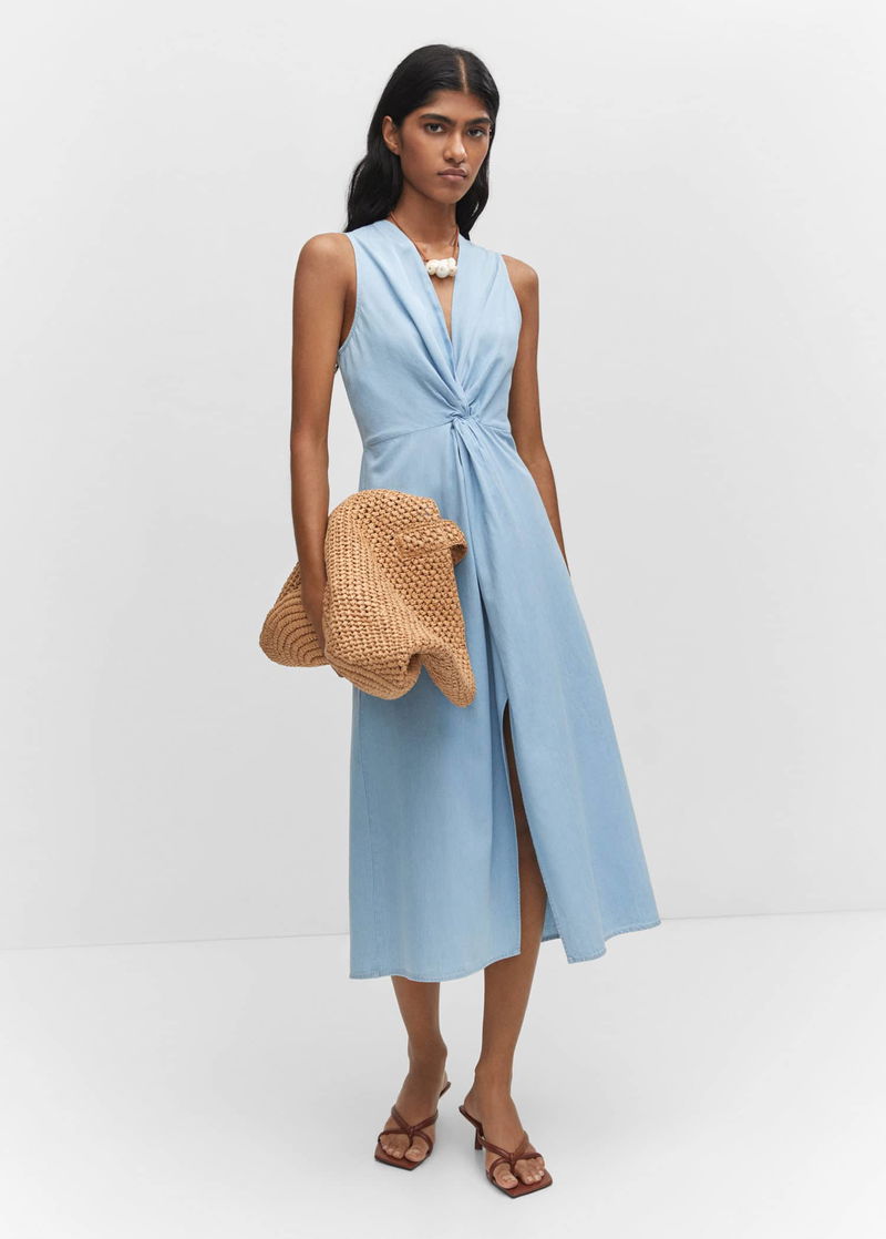 MANGO Knot Midi Dress in Light Blue