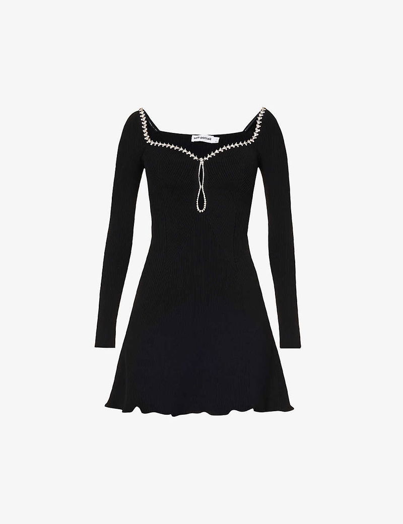 SELF-PORTRAIT Diamante-Embellished Ribbed Knitted Mini Dress | endource