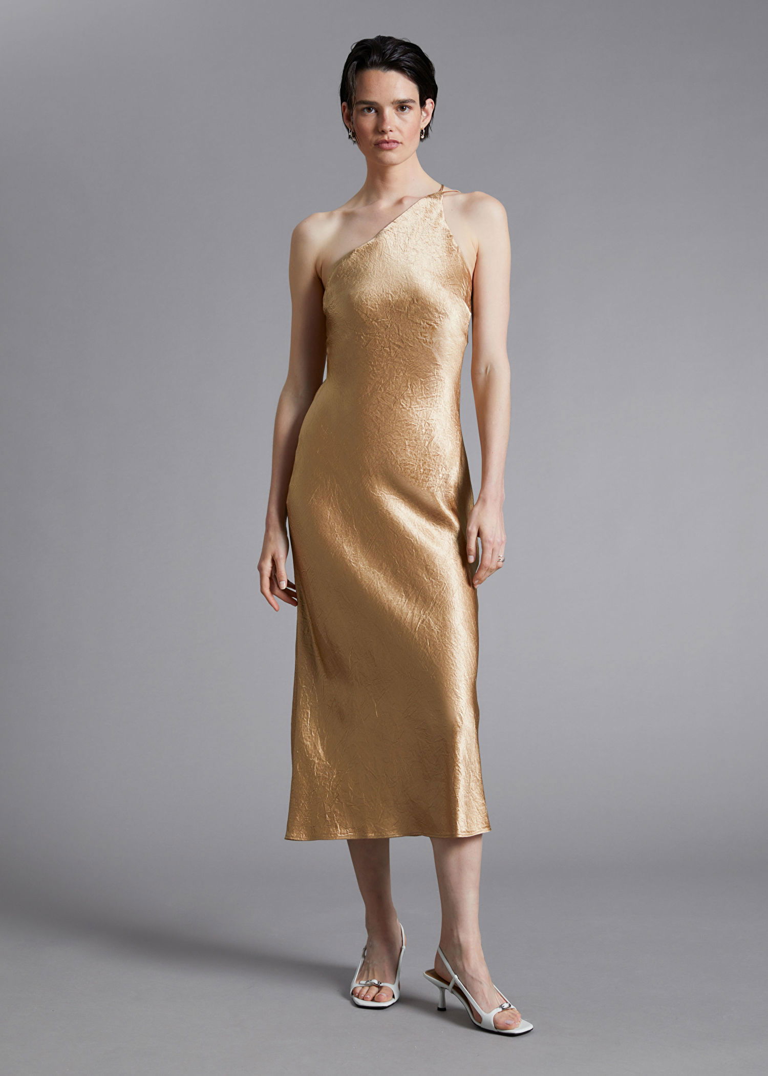 & other stories one shoulder dress & Other Stories one-shoulder midi dress with drape detail in green