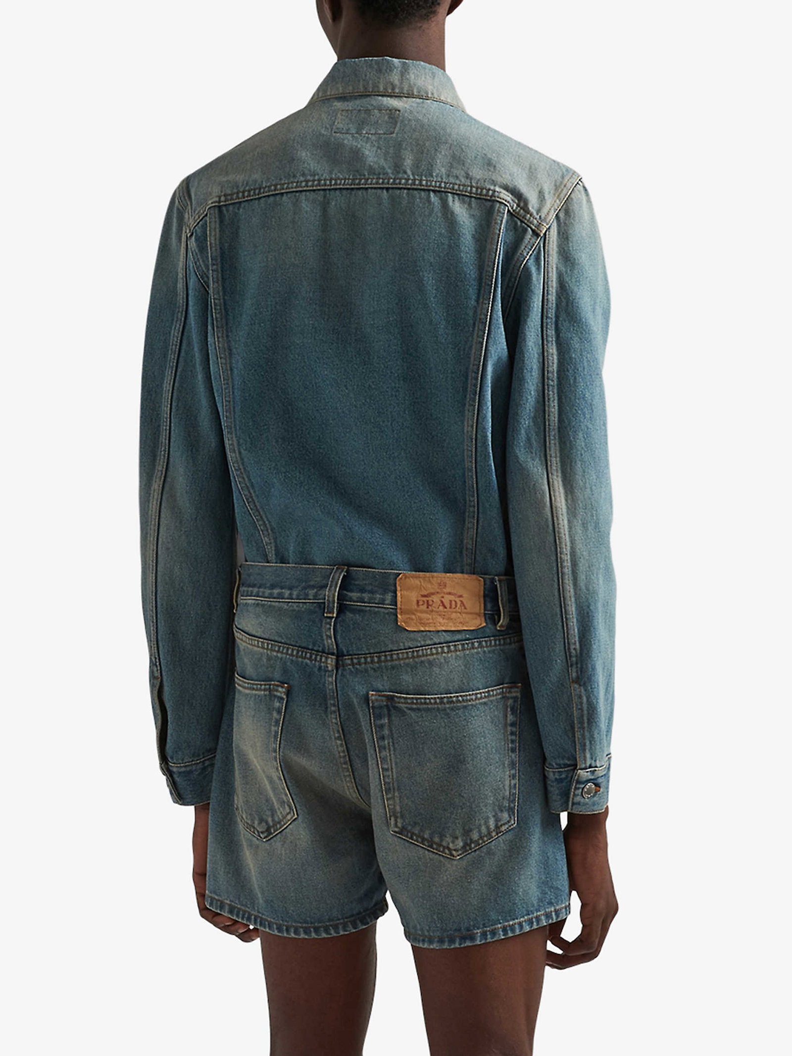 PRADA Brand-Plaque Faded-Wash Denim Jacket | endource