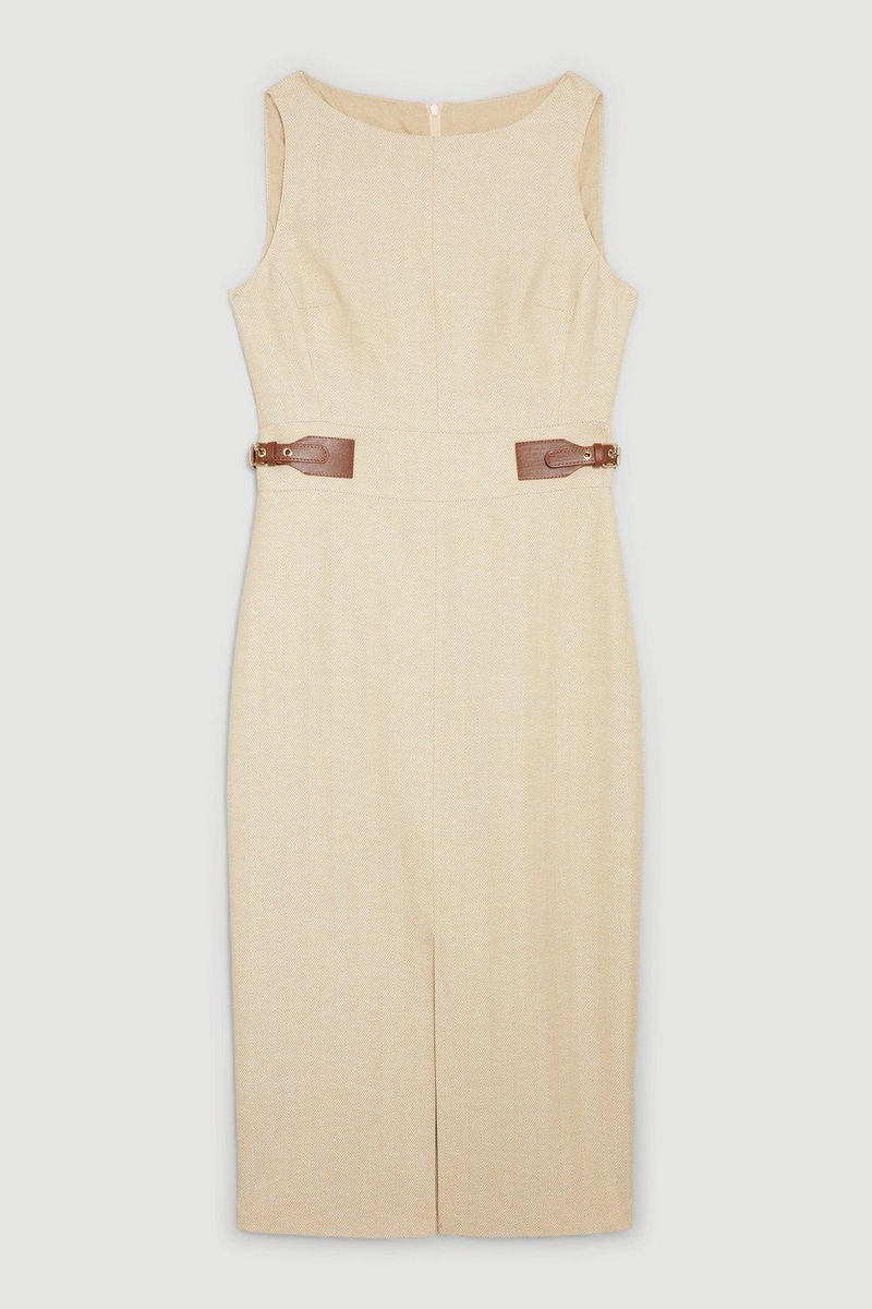 KAREN MILLEN Herringbone Split Front Midi Dress in Neutral Endource